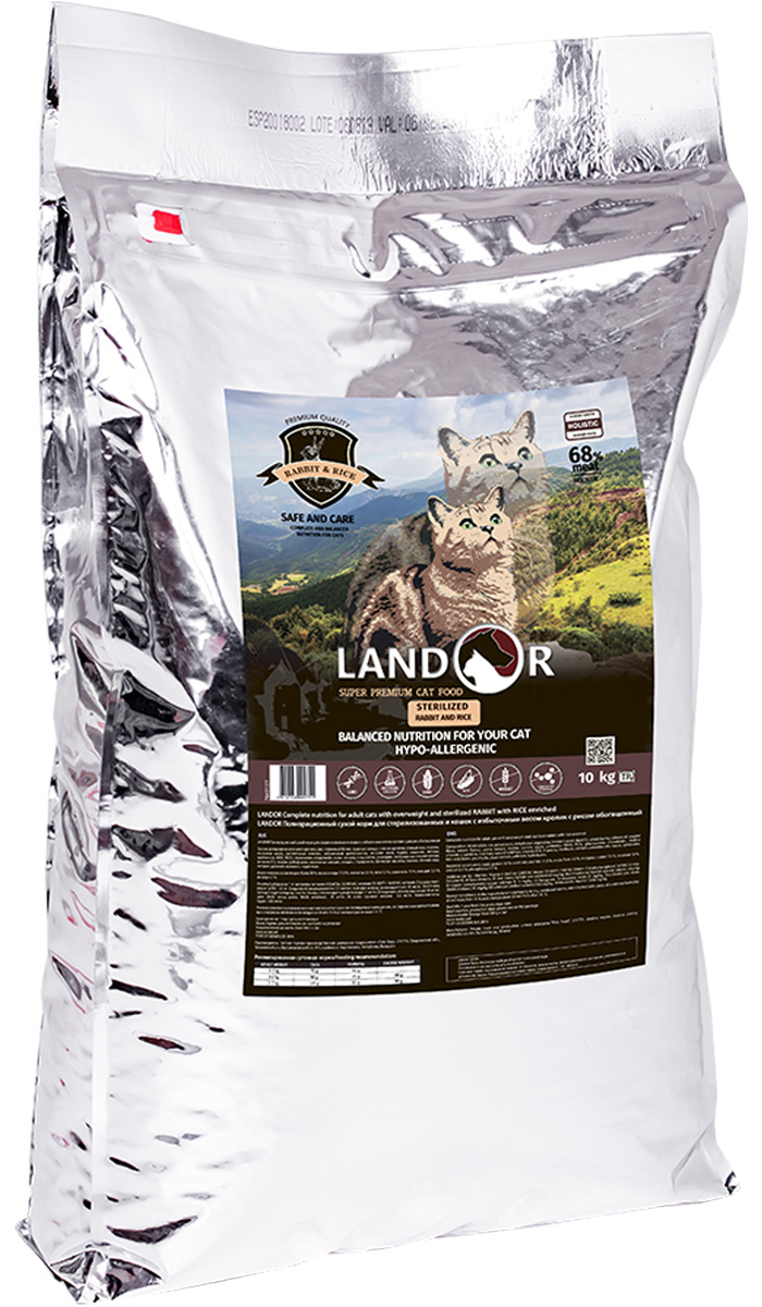 Сухой корм для кошек Landor Sterilized & Light, кролик с рисом, 10кг