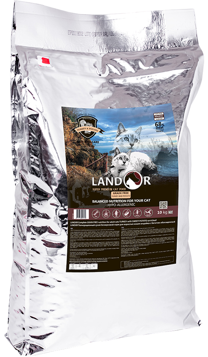 фото Сухой корм для кошек landor grain free, беззерновой, индейка с бататом, 10кг