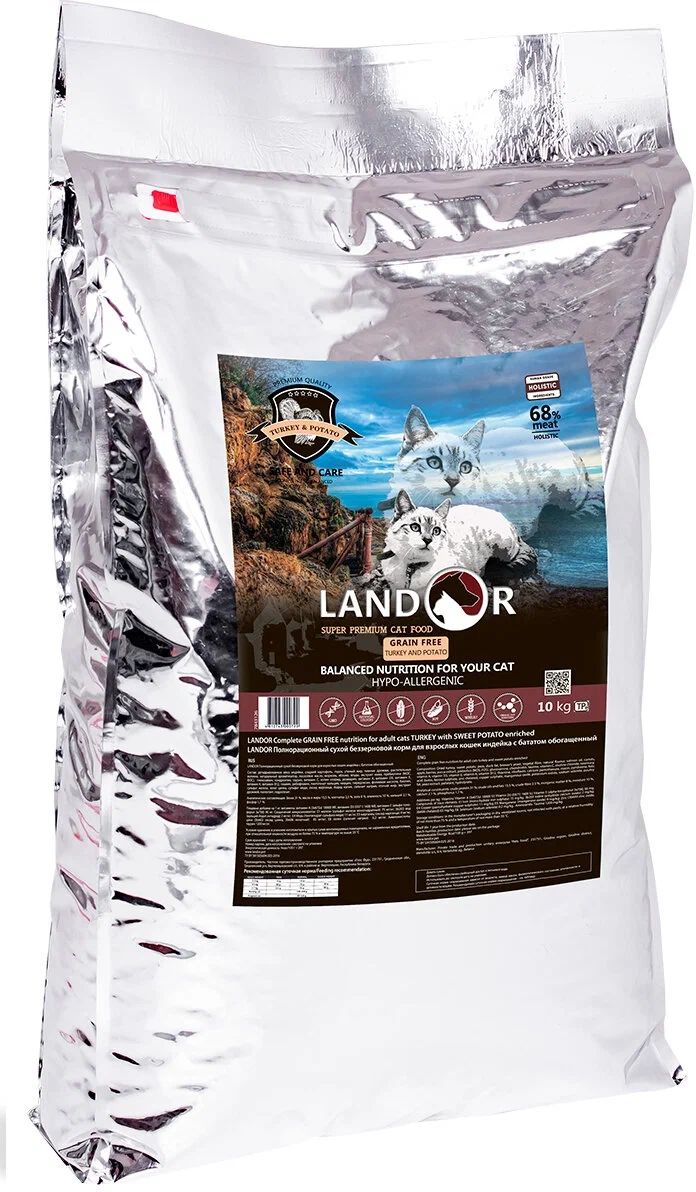 Сухой корм для кошек Landor Grain Free, беззерновой, индейка с бататом, 10кг