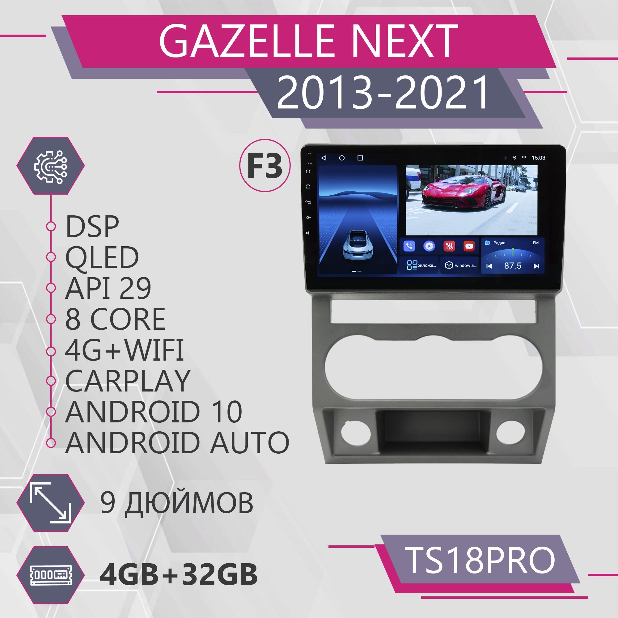 Магнитола Точка Звука TS18Pro для Gazelle Next / Газель Некст комплект F3 4+32GB 2din