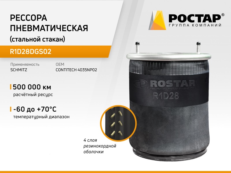 

Рессора пневматическая Ростар R1D28DGS02 (4035NP02) (стальной стакан), R1D28DGS02