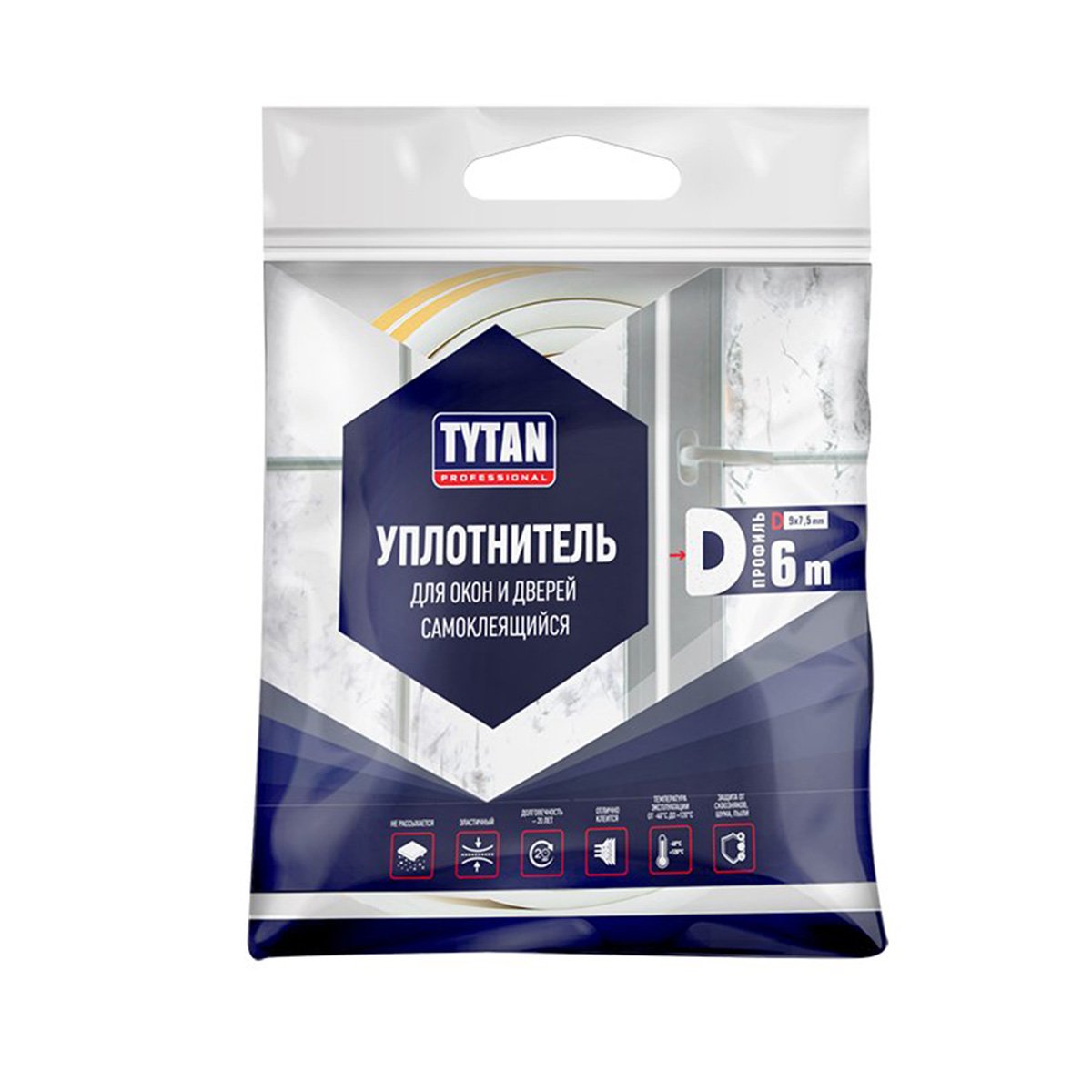 

Уплотнитель для окон D-профиль Tytan Professional,260667, 9 x 7,5 мм, 6 м, белый, УПЛОТНИТЕЛЬ D 9 X 7,5 MM БЕЛЫЙ 6 М (1/20) "TYTAN PROFESSIONAL"