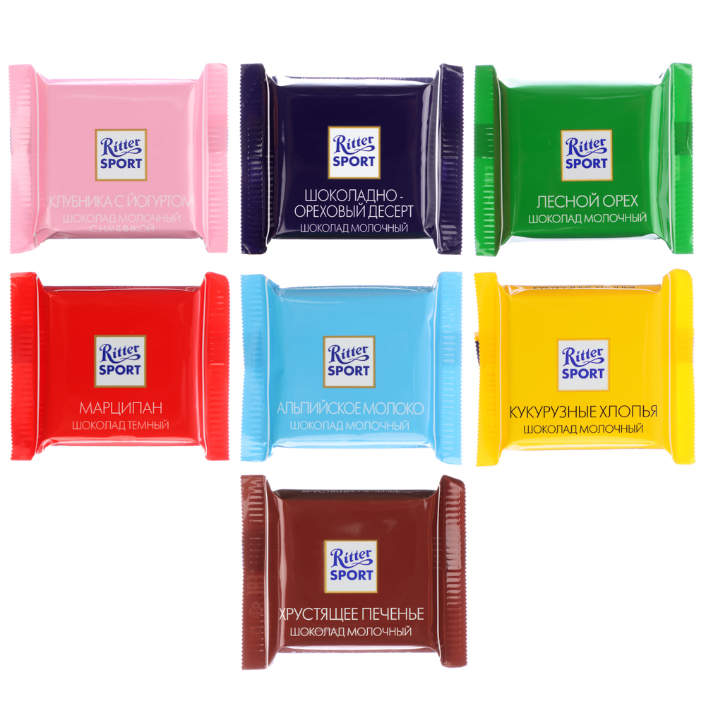 Шоколад Ritter Sport Яркая коллекция, 7 вкусов, 84 штуки по 15 грамм