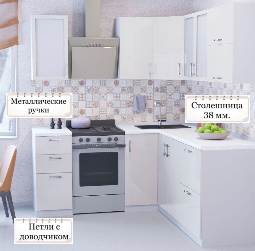 

Угловая кухня Карандаш Ксения МДФ 2,0х2,0 м, Белый глянец, Кухня Ксения 2х2