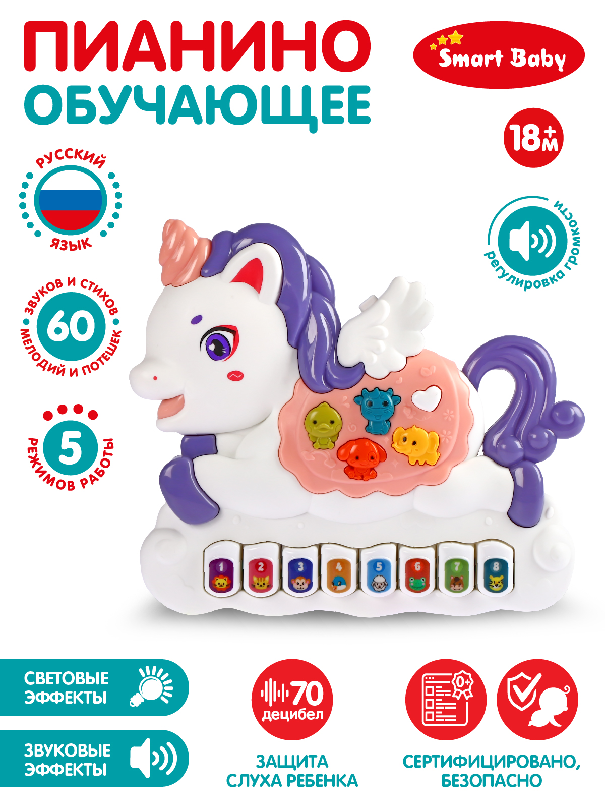 Пианино обучающее ТМ Smart Baby Единорог, белый, JB0334093