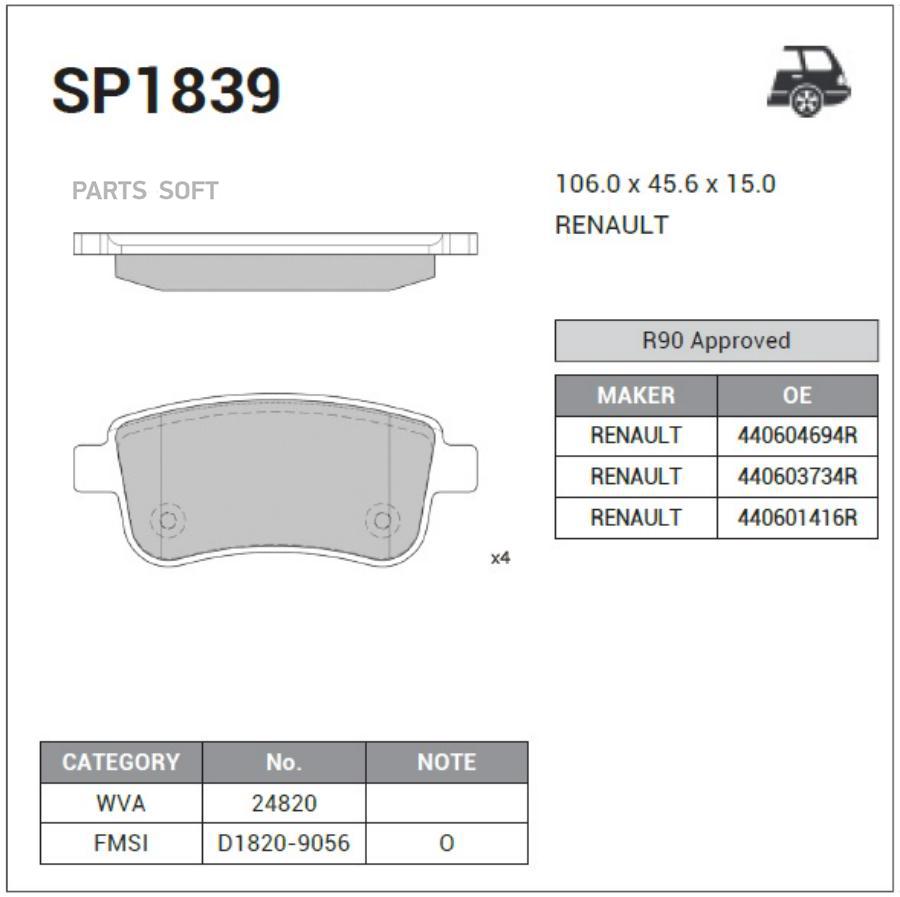 

Колодки Дисковые Задние Renault Megane Sedan/Coupe 08> Sangsin brake SP1839 Sp1839, Черный