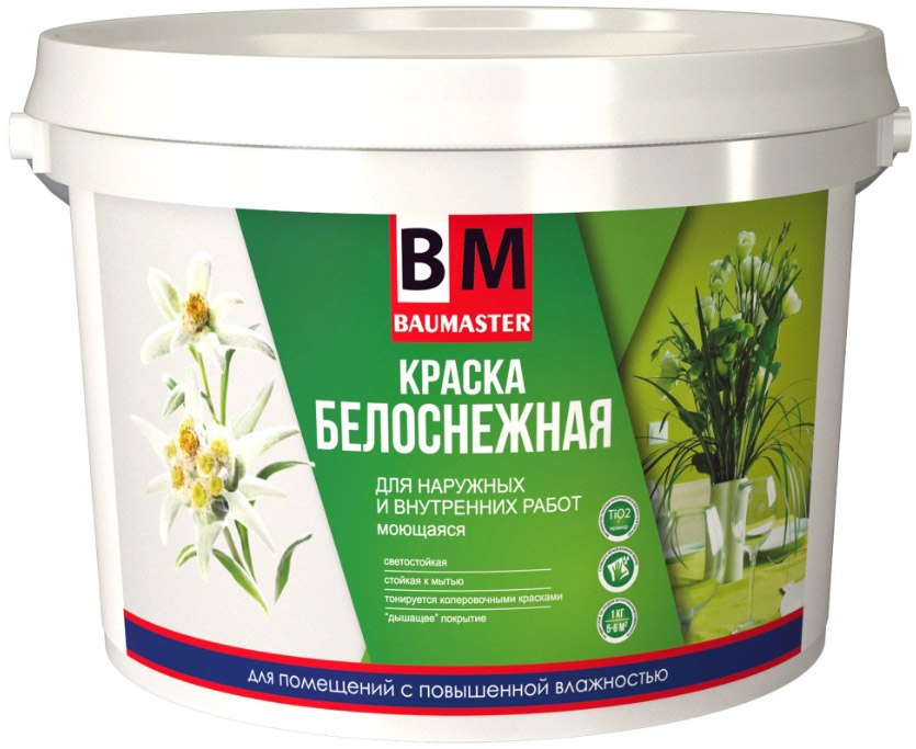 

BAUMASTER Белоснежная краска для наружных и внутренних работ моющаяся ВД-АК-1180 (3кг)