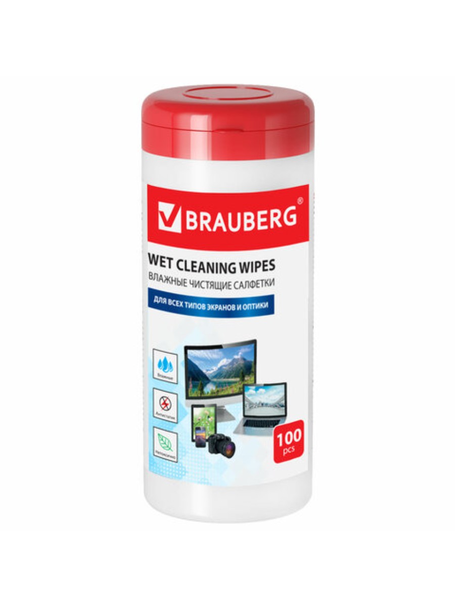 Салфетки BRAUBERG для экранов всех типов и оптики 13х17 см туба 2 упаковки по 100 штук 929₽