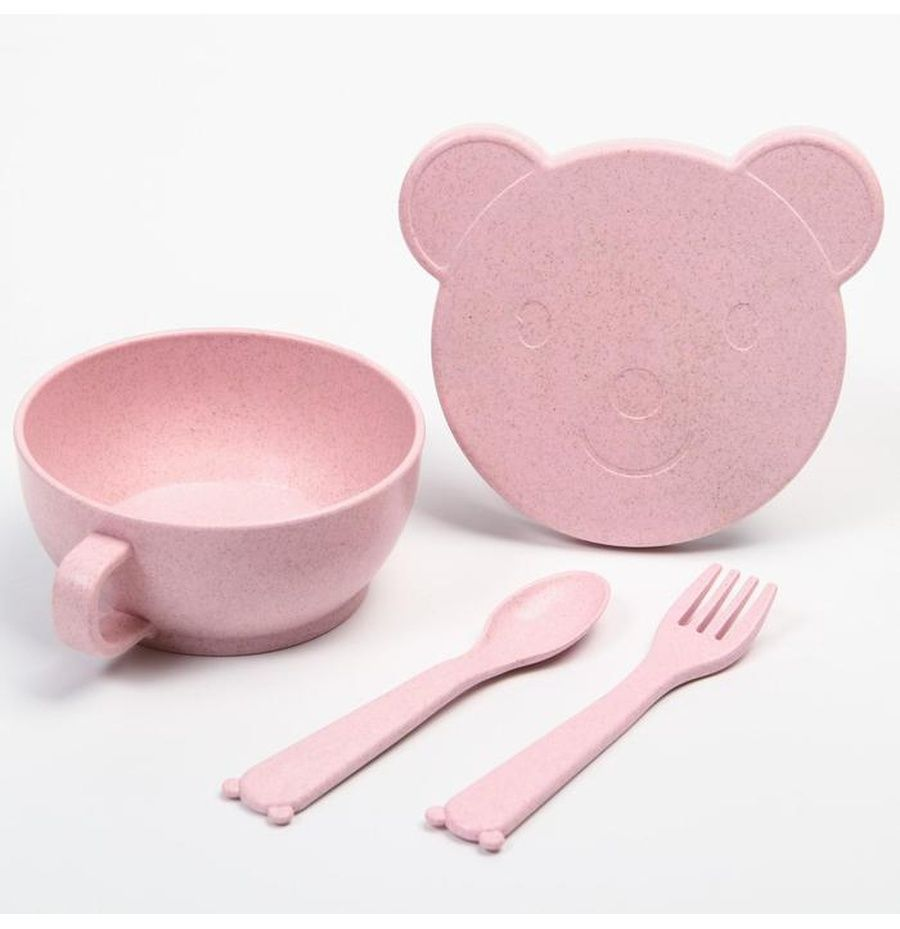 фото Набор детской эко посуды: миска с крышкой, ложка и вилка, цвет розовый little angel