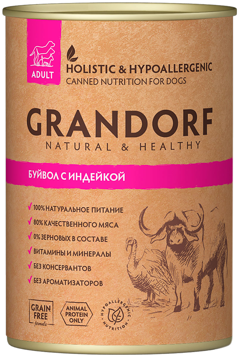 

Консервы для собак Grandorf Adult, все породы, буйвол и индейка, 400г, Adult