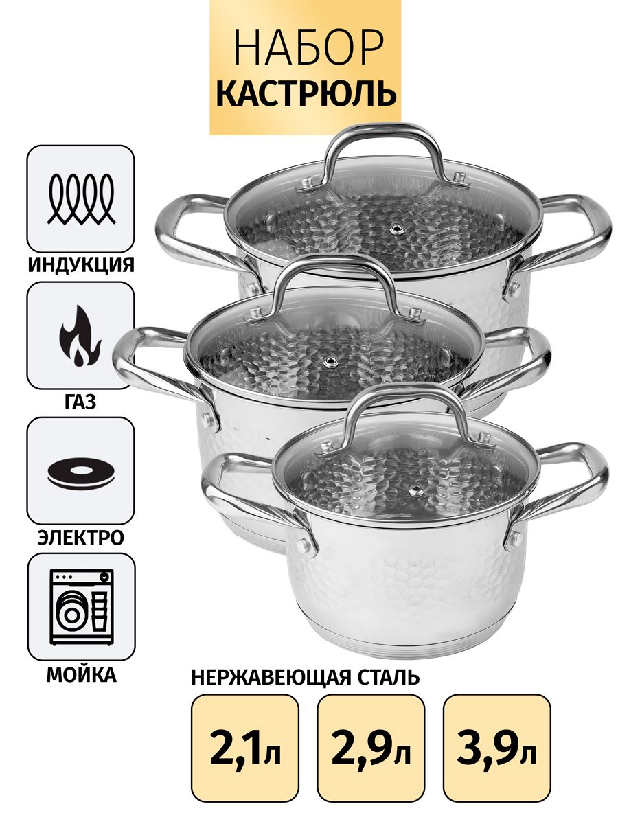 Набор кастрюль Royal Chef из нержавеющей стали. 2,1 л /2,9 л /3,9 л