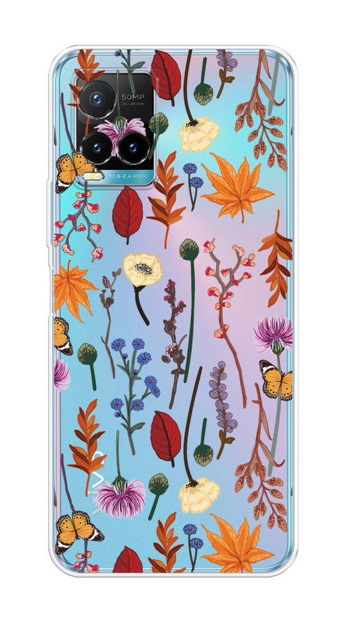 

Чехол на Vivo Y33s/Y21 "Orange Purple flowers", Оранжевый;красный;розовый;желтый;прозрачный, 265050-1