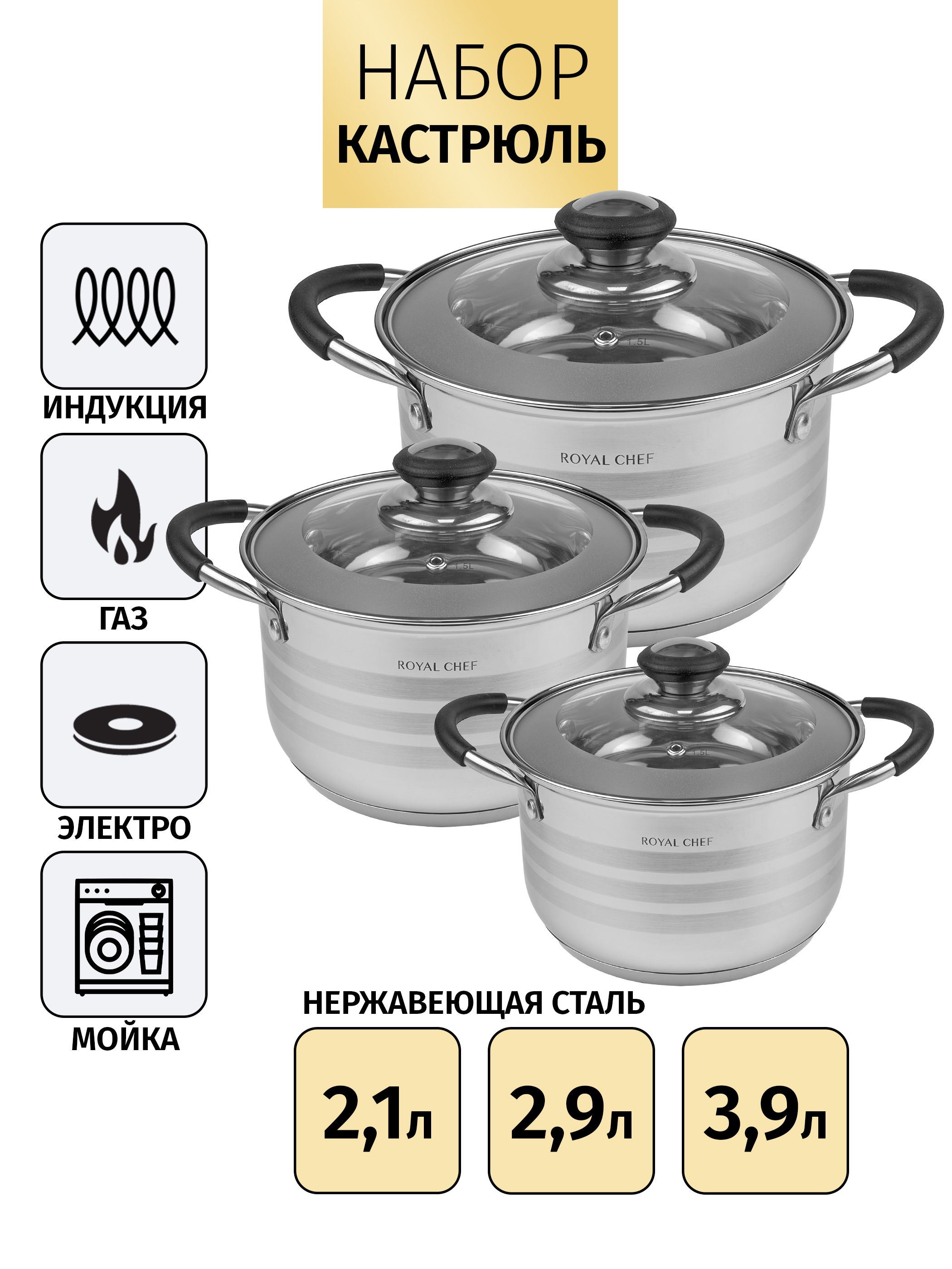 Набор кастрюль Royal Chef из нержавеющей стали. 2,1 л/2,9 л/3,9 л