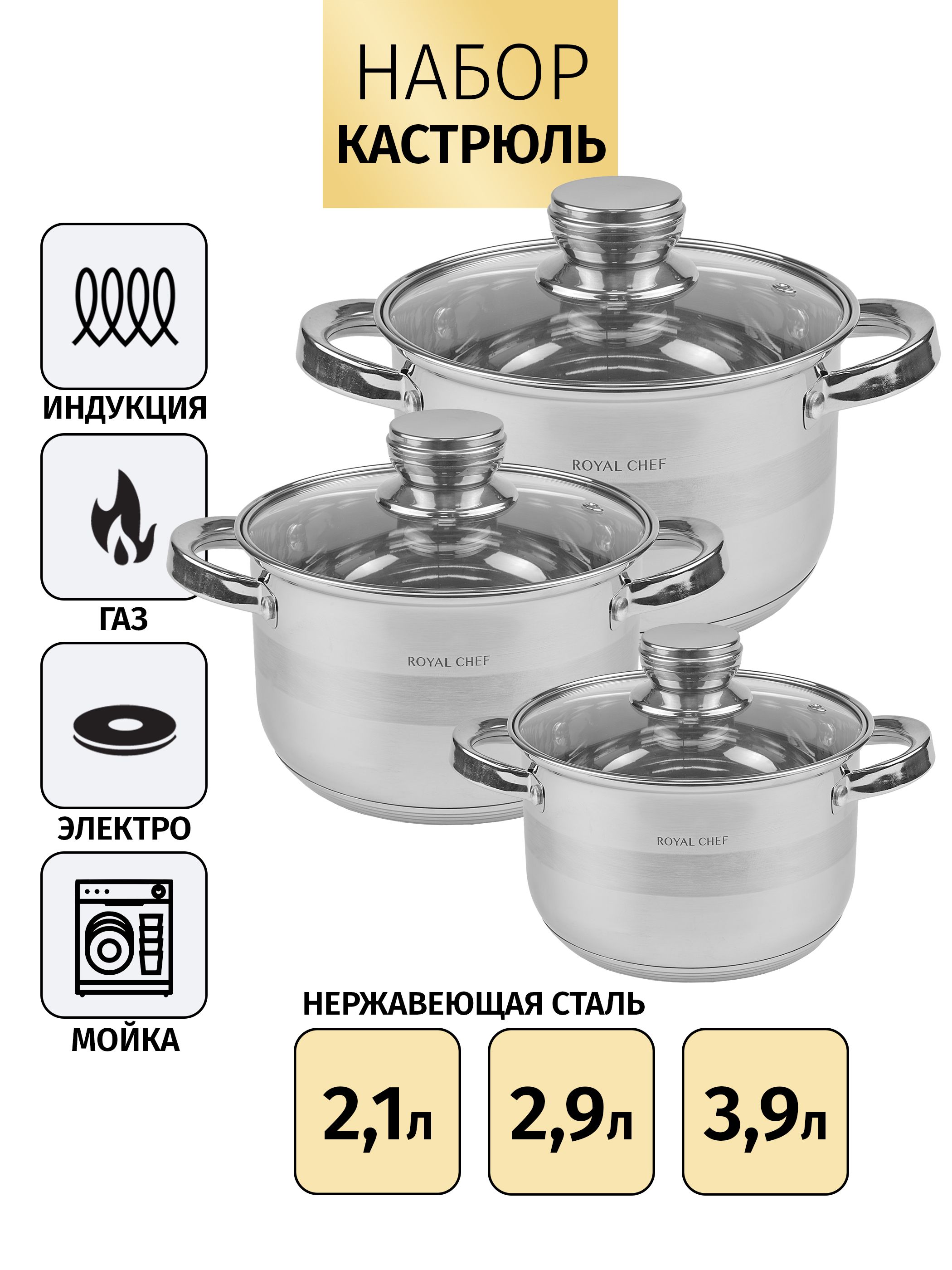 Набор кастрюль Royal Chef из нержавеющей стали. 2,1 л/2,9 л/3,9 л