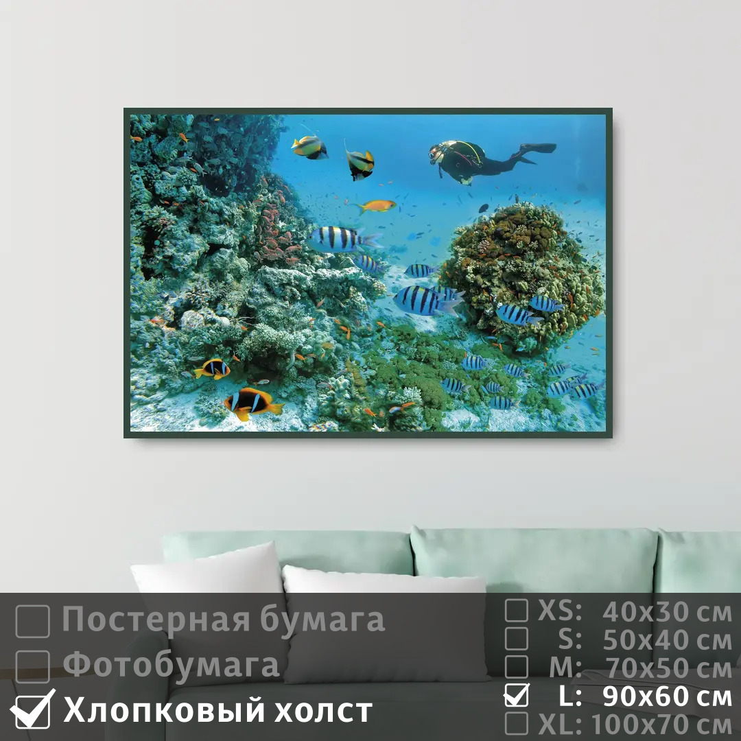 

Постер на холсте ПолиЦентр Морские рыбы под водой с дайвером 90х60 см, МорскиеРыбыПодВодойСДайвером