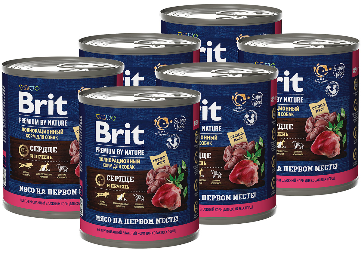 Консервы для собак Brit Premium By Nature с сердцем и печенью, 6шт по 850г