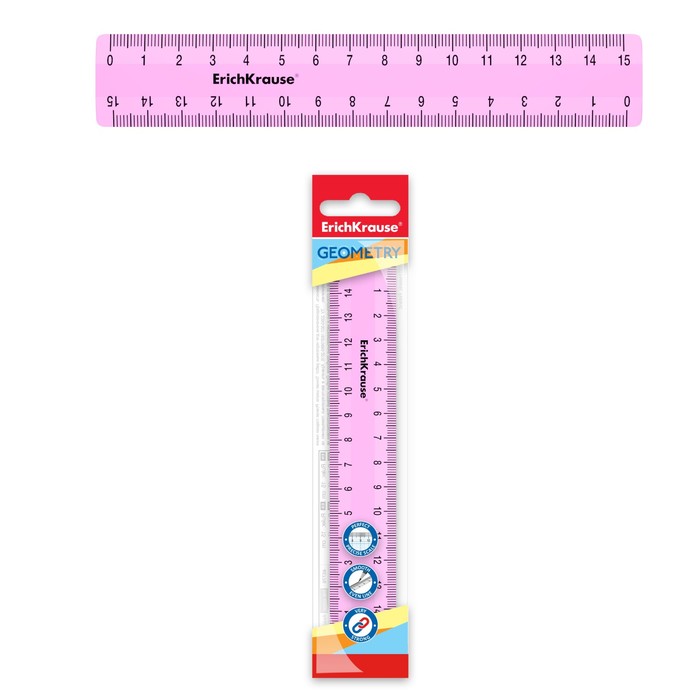 

Линейка 15 см ErichKrause Pastel, розовая, в флоупаке, Розовый