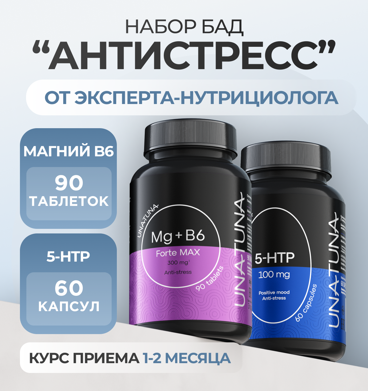 

Набор пищевых добавок UNATUNA Антистресс, Магний В6 Форте, 5-НТР, Набор
