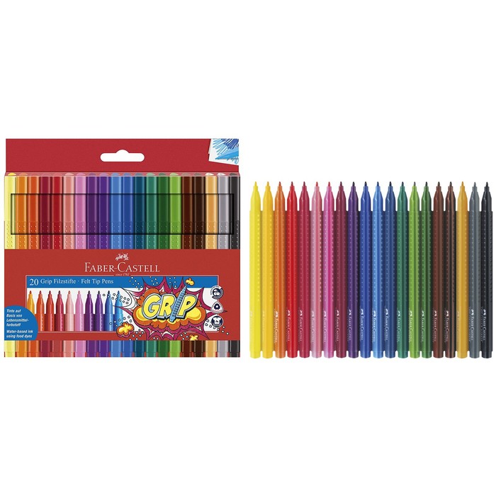 фото Фломастеры 20 цветов faber-castell grip 1553 трехгранный корпус с массажными шашечками, уд