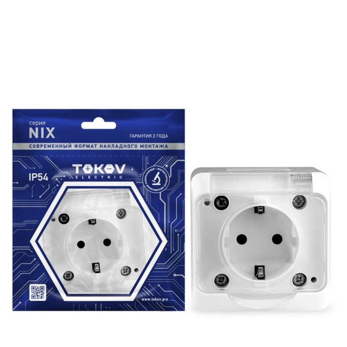 фото Розетка tokov electric, nix, 1-м, 16а, ip54, 250в, с з/к, с прозр. кр, белый