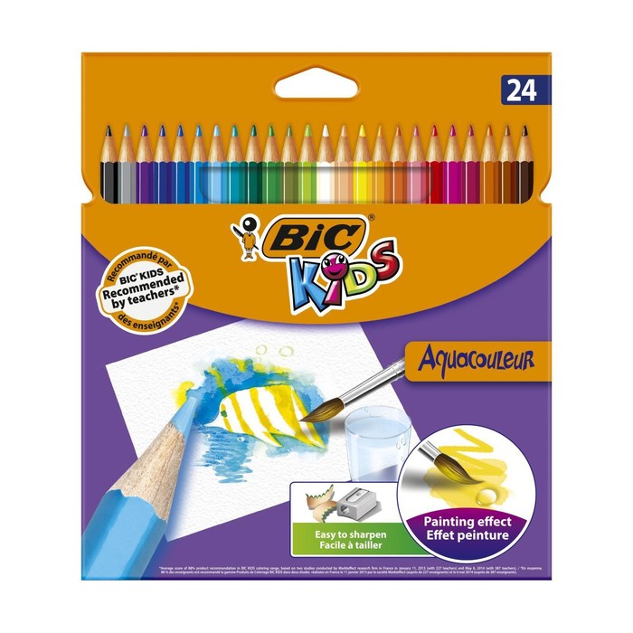 

Карандаши акварельные 24 цвета, BIC Aquacouleur, детские, шестигранные, деревянные, премиу, Разноцветные