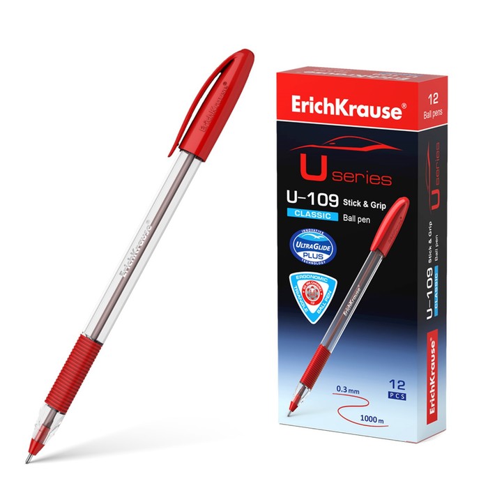 

Ручка шариковая ErichKrause U-109 Classic Stick&Grip, узел 1.0 мм, грип, чернила красные