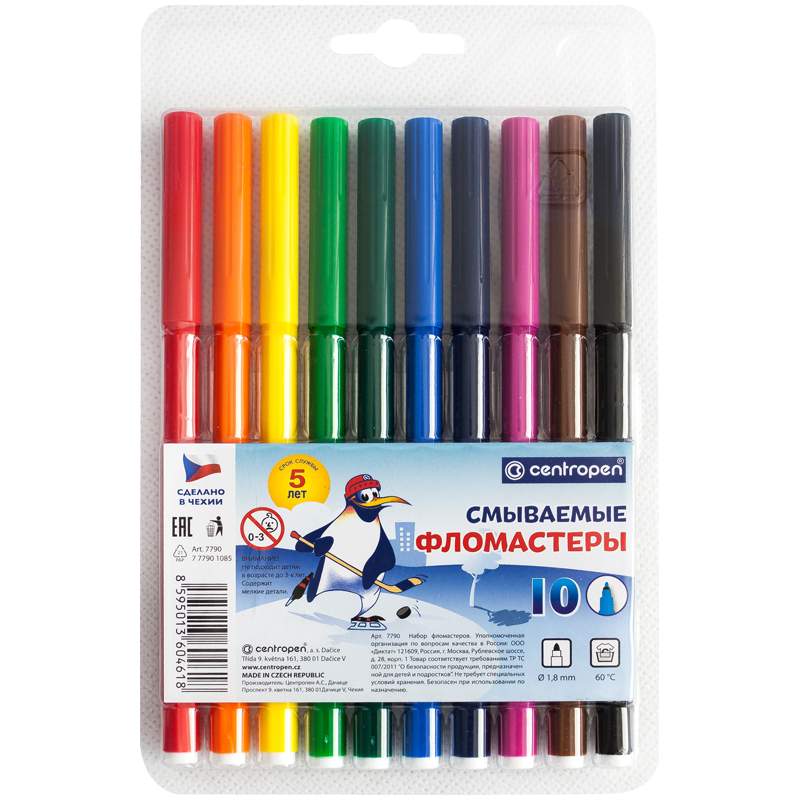 

Набор фломастеров Centropen "Washable", арт. 141793, 10 цв х 3 упак., Разноцветный
