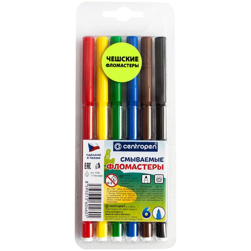 

Набор фломастеров Centropen "Washable", арт. 002751, 6 цв х 5 упак., Разноцветный