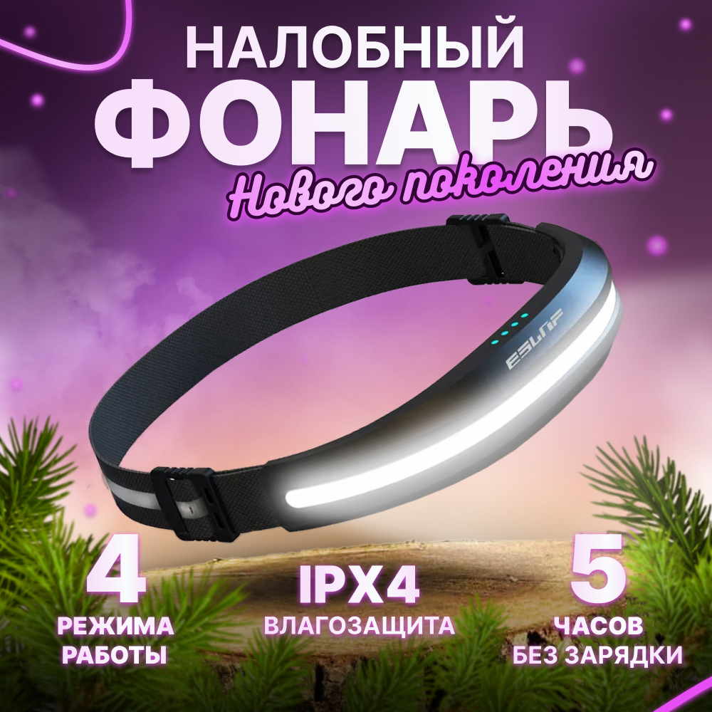 

Туристический фонарь DS parts налобный, аккумуляторный, светодиодный, Черный