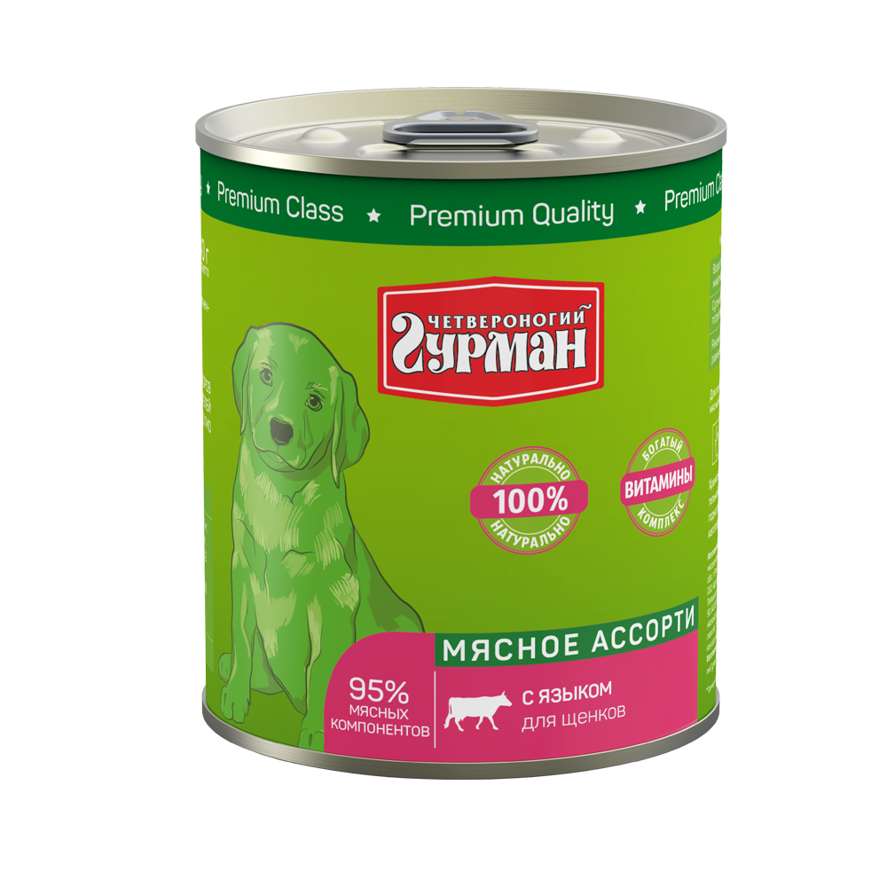 

Консервы для щенков Четвероногий Гурман,мясное ассорти с языком, 340г