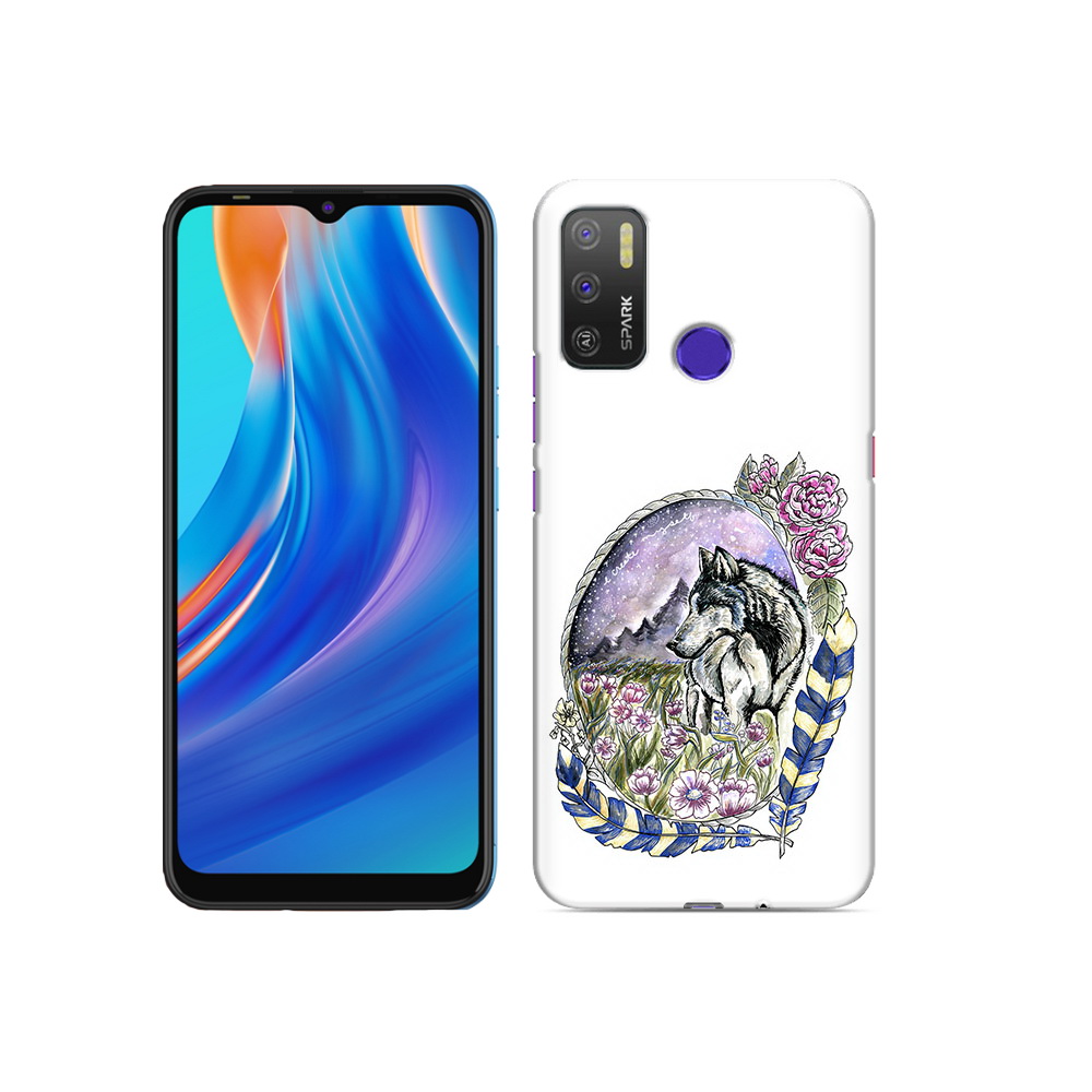 

Чехол MyPads Tocco для Tecno Spark 5 Air нарисованный волк в цветах с перьями, Прозрачный, Tocco