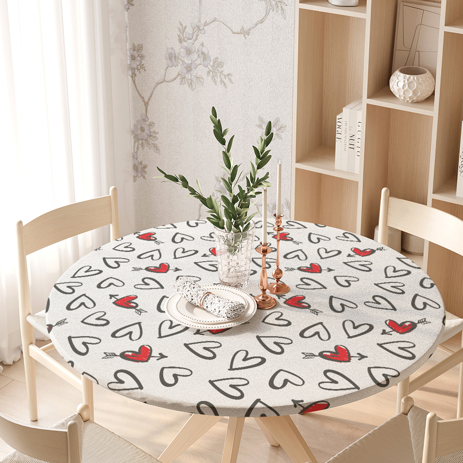 

Скатерть на кухонный стол JoyArty Черно-белые сердечки на резинке 105-120 см, Белый, серия 1-38