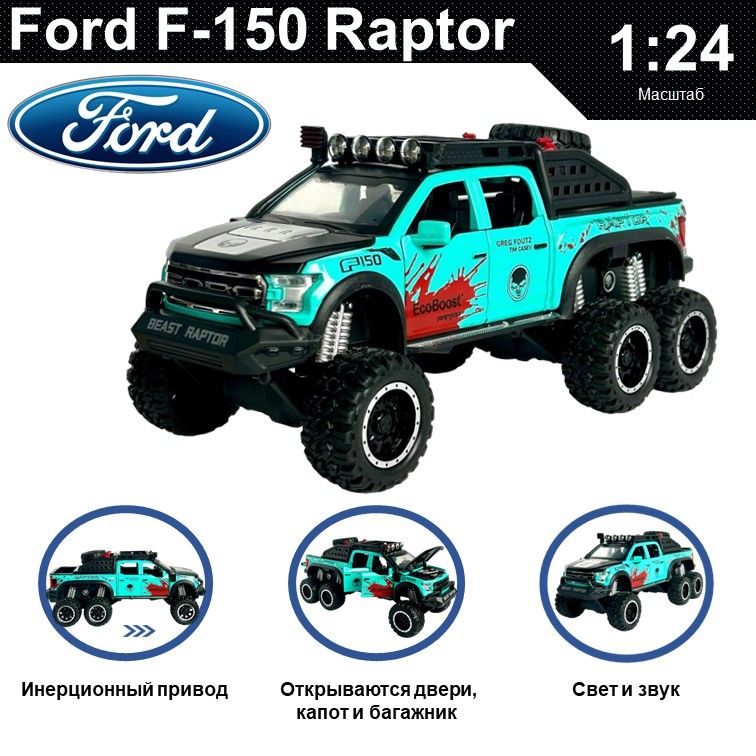 

Машинка металлическая WIZZAL инерционная коллекционная модель 1:24 Ford Raptor 6х6, Бирюзовый, 08563