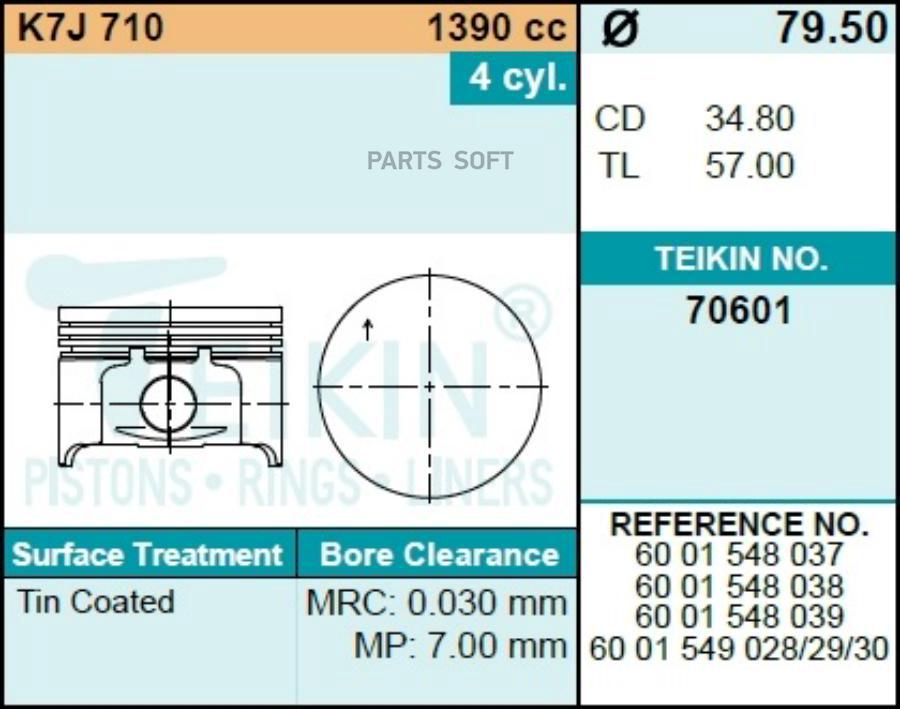 

Поршень без колец renault k7j710 d79.5+0.5 teikin