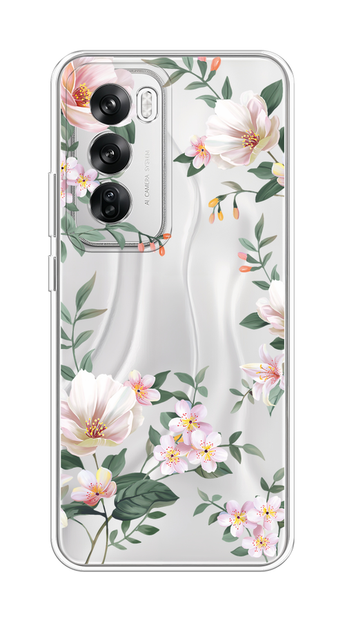 

Чехол на Oppo Reno 12 "Beautiful white flowers", Бежевый;зеленый, 2517450-1