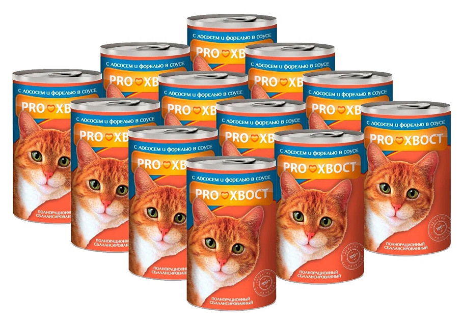 Консервы для кошек ProХвост, с лососем и форелью соусе, 12 шт по 415 г