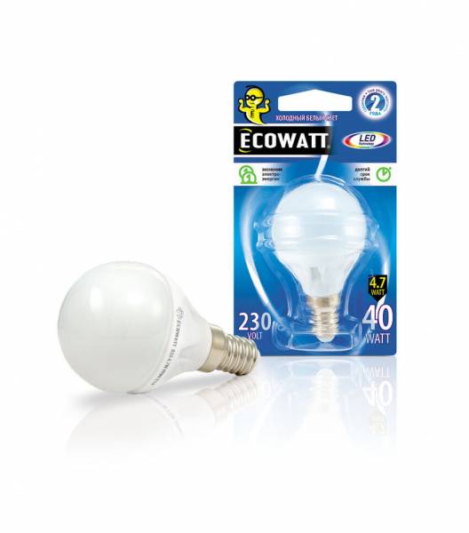 

Лампочка светодиодная ECOWATT P45 230В 4.7(40)W 4000K E14