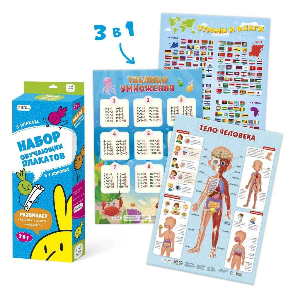 

Набор обучающих плакатов. Таблица умножения + Страны и флаги + Тело человека. ГЕОДОМ