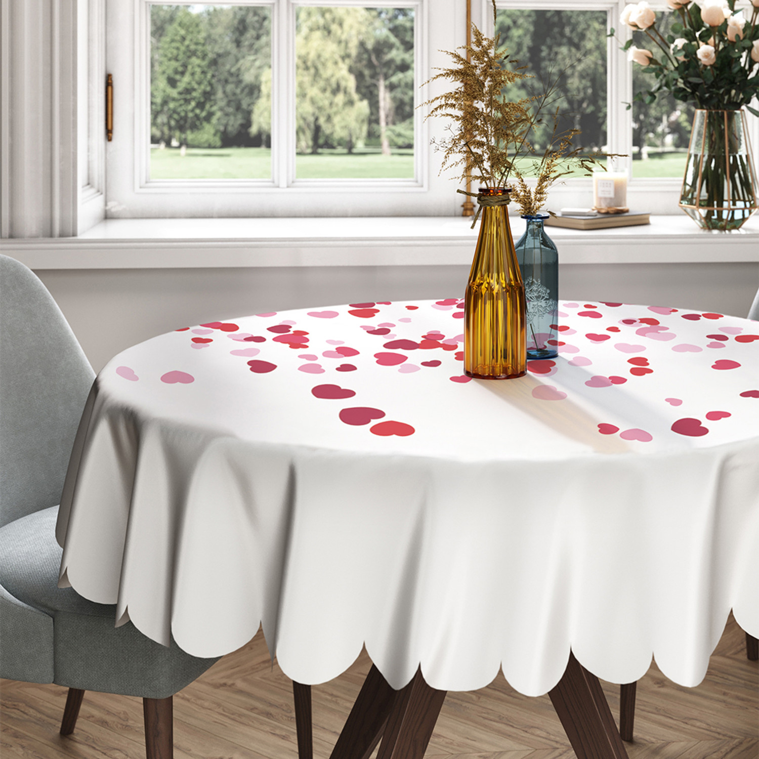 

Скатерть круглая тканевая на стол JoyArty Дождь из сердец 150х150 см, Белый, серия 1-202