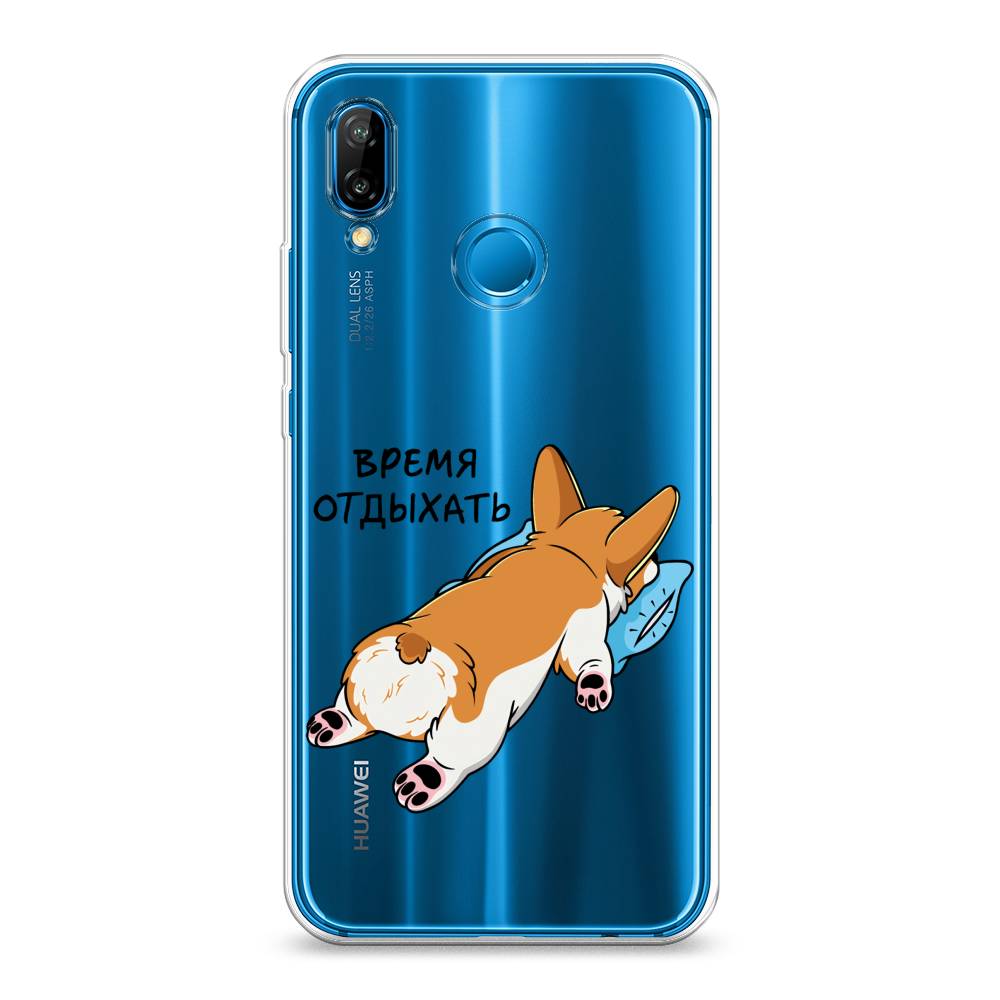 

Чехол на Huawei Nova 3E "Корги отдыхает", Черный;коричневый;голубой, 65650-1