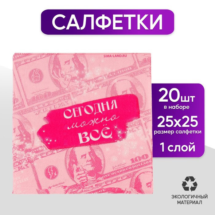 Салфетки бумажные «Сегодня можно всё», однослойные, 24х24 см, набор 20 шт.