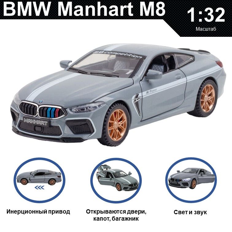 

Машинка металлическая WIZZAL инерционная коллекционная модель 1:32 BMW Manhart М8, Серый, 07592