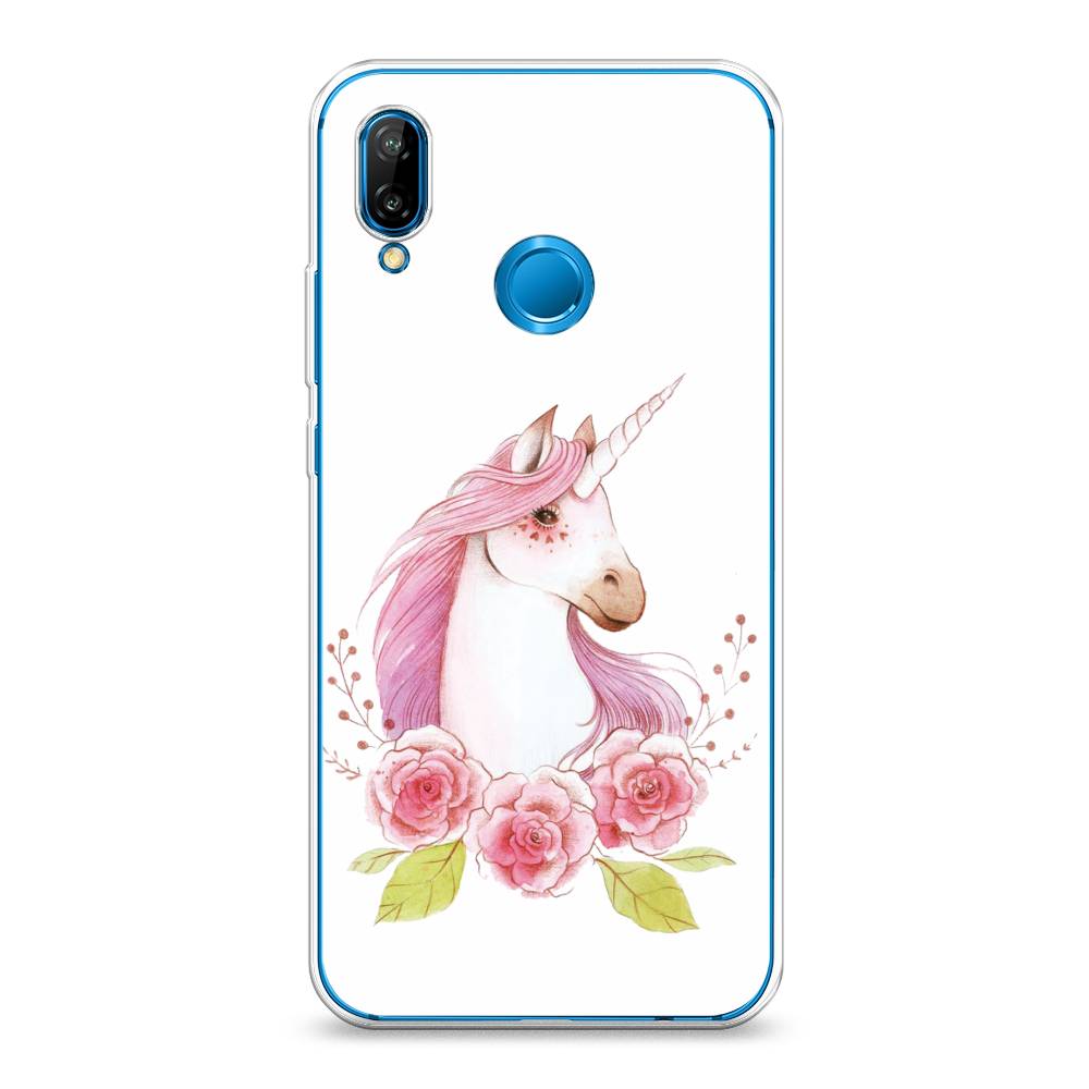 

Чехол на Huawei Nova 3E "Единорог цветы", Белый;розовый;серый, 65650-1