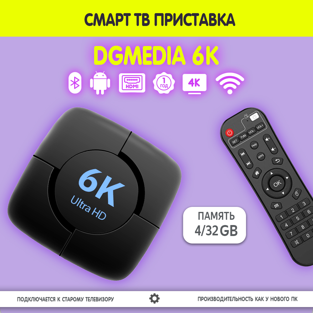 Смарт ТВ приставка DGMedia 6K, Андроид медиаплеер 4/32 Gb, Allwinner H616