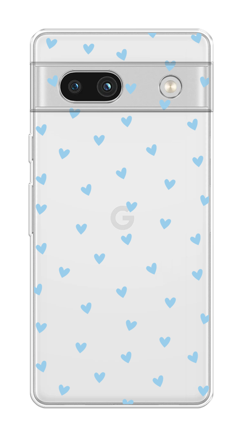 

Чехол на Google Pixel 7A "Голубые сердечки паттерн", Голубой;прозрачный, 271450-1