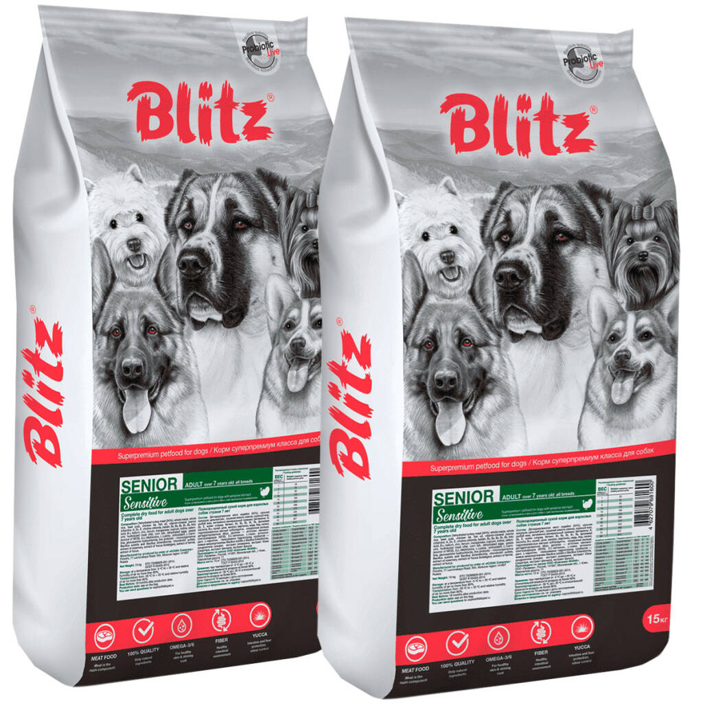 

Сухой корм для собак BLITZ SENSITIVE SENIOR ALL BREEDS, с индейкой, 2шт по 15кг