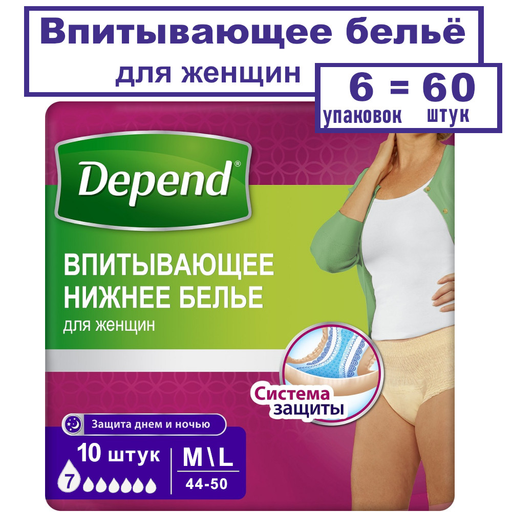 Белье Depend впитывающее, для женщин, р-р M-L, 6х10шт