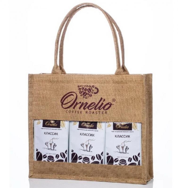 Подарочная джутовая сумка с кофе в зернах трио Классик 750 г