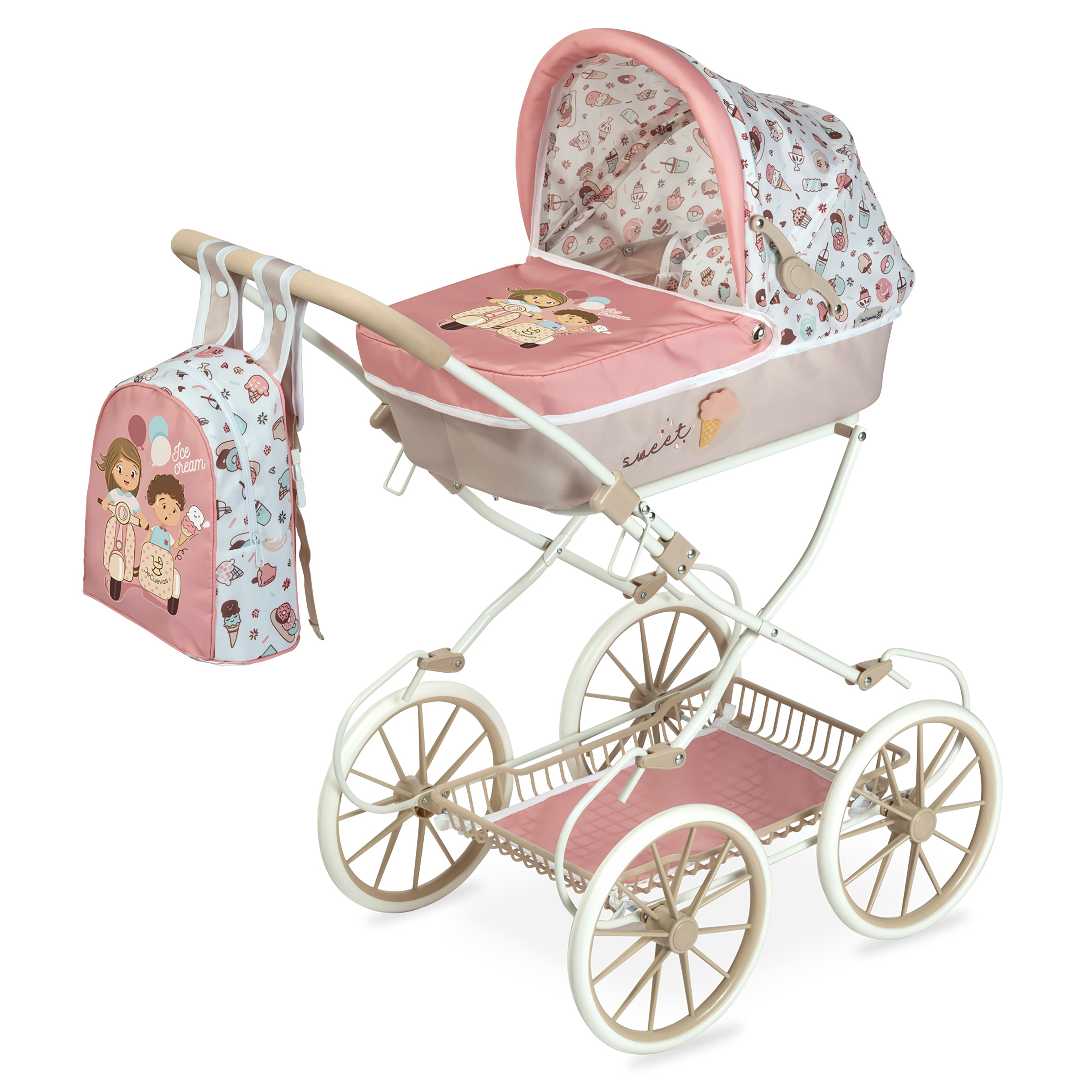

Коляска для кукол люлька DE CUEVAS TOYS высота ручки 81 см, рюкзак, Sweet 80048, коляска-люлька