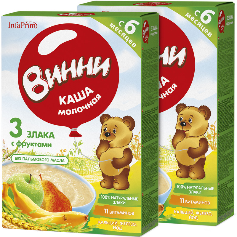 Каша Винни молочная 3 злака с фруктами, с 6 мес., 200 г, 2 шт.
